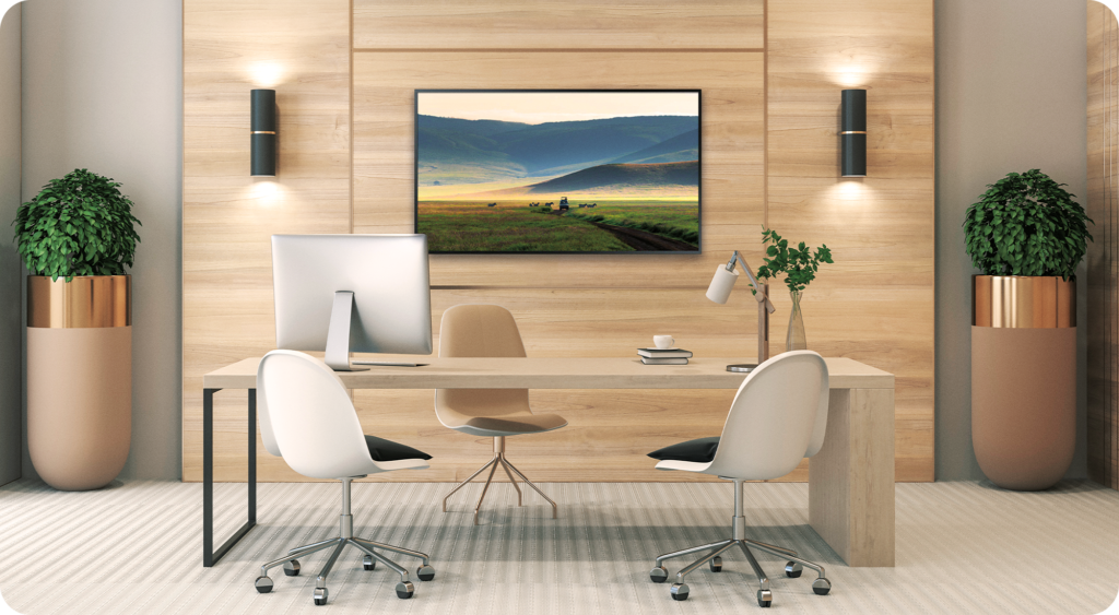 Beautiful inspiring home office displaying digital art to boost productivity